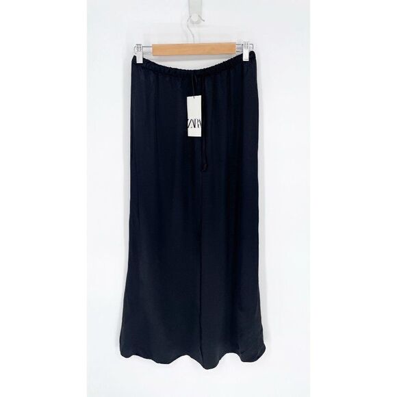ZARA Drawstring Satin Flowy Wide Leg Palazzo Pants Black Women's XS NEW - Picture 2 of 8